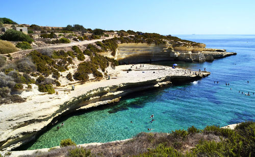 High angle view of sea against clear sky