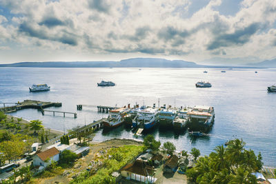 High angle view of bay against sky