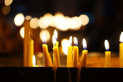 Close-up of lit candles in temple