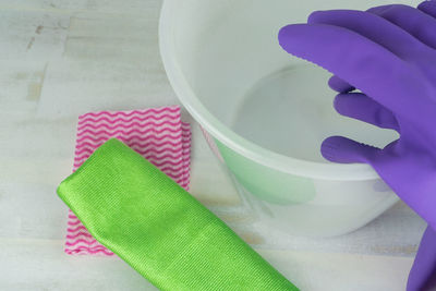 High angle view of cleaning equipment arranged on table