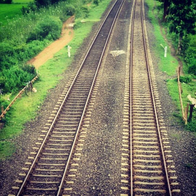 railroad track, transportation, rail transportation, the way forward, diminishing perspective, vanishing point, public transportation, railway track, high angle view, tree, grass, travel, railroad station platform, straight, railroad station, day, growth, green color, outdoors, landscape