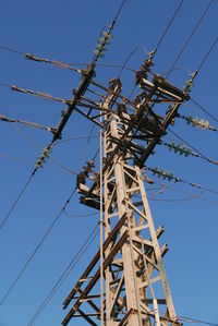 High section of electricity pole against blue sky