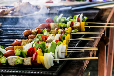 Close-up of vegetables on barbecue grill
