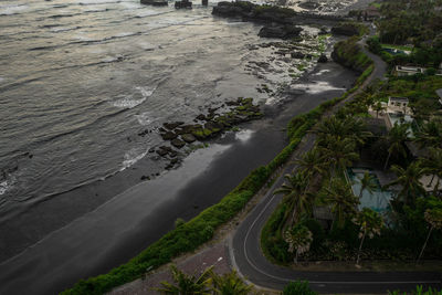 High angle view of road amidst trees in city