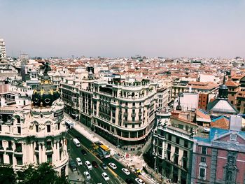 High angle view of city buildings against sky