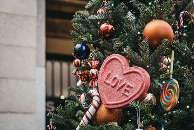 Close-up of christmas decoration hanging on tree