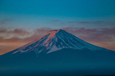 Scenic view of snowcapped mount fuji against sky during sunrise