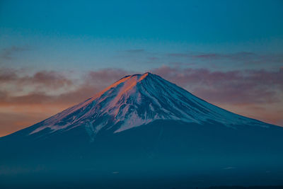 Scenic view of snowcapped mountain against sky during sunset