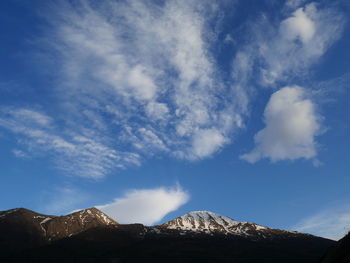 Low angle view of mountains against blue sky