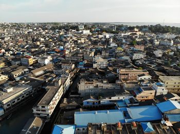 High angle view of buildings in city