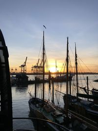 Sailboats moored in harbor at sunset