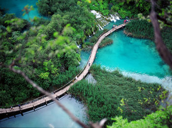 High angle view of river amidst trees against sky