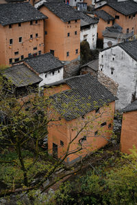 High angle view of buildings in town