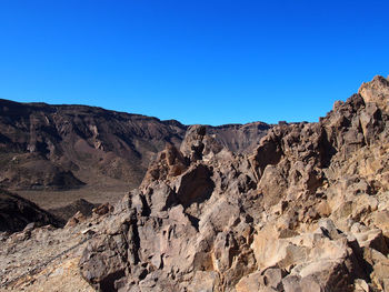 View of rock formations against clear blue sky