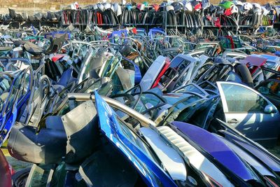 High angle view of bicycles in parking lot