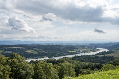 High angle view of trees on landscape against sky