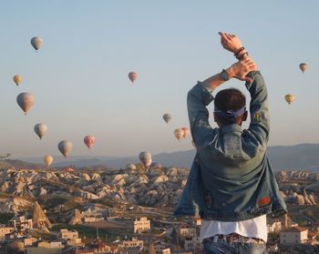 High angle view of hot air balloons against sky