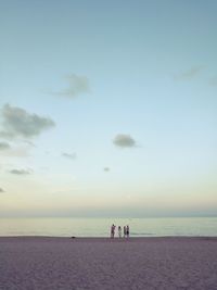 People on beach against sky during sunset