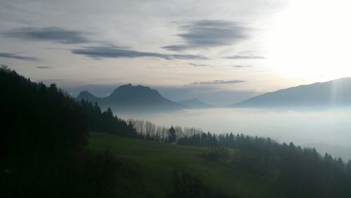 Scenic view of mountains against cloudy sky