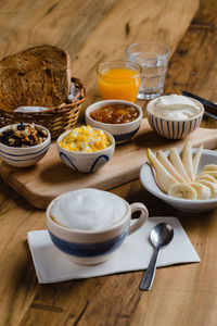 High angle view of breakfast on table