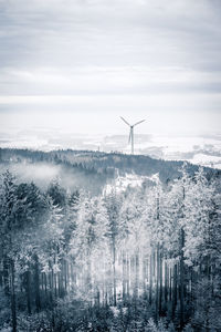 Photo of wind turbine in foggy winter forest landscape