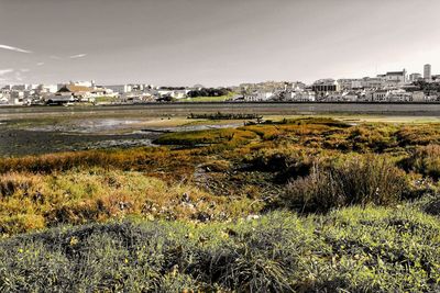 View of landscape with city in background