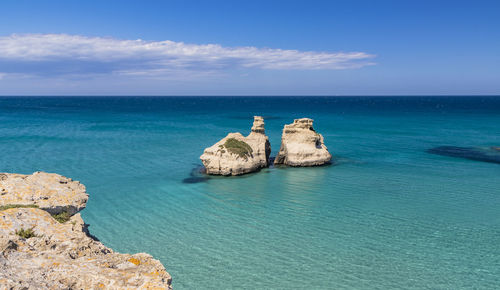 Rocks in sea against blue sky