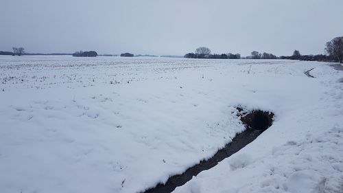 Scenic view of snow covered land against sky