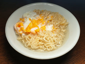 High angle view of noodles served in bowl