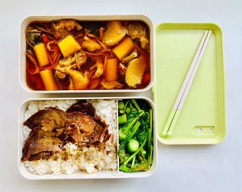 High angle view of food on table