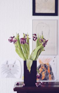 Close-up of tulips in vase at home