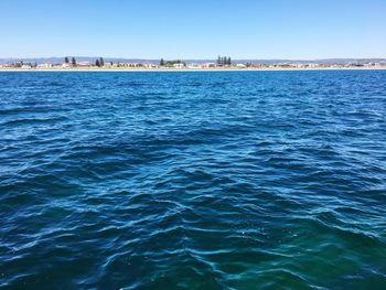 Scenic view of sea against clear blue sky