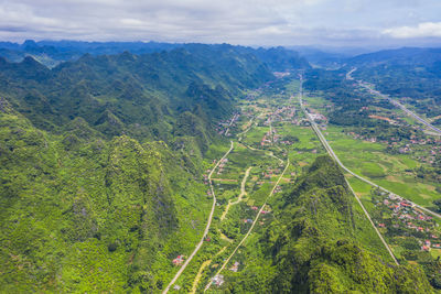 High angle view of trees on landscape against sky