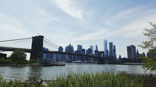 Bridge over river with cityscape in background