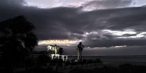 Silhouette of palm trees against cloudy sky