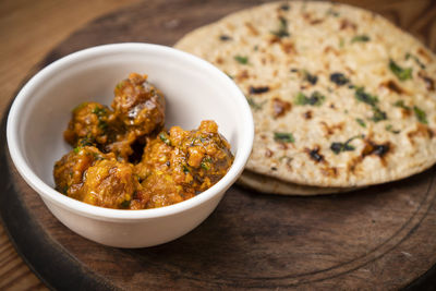 High angle view of food in bowl on table