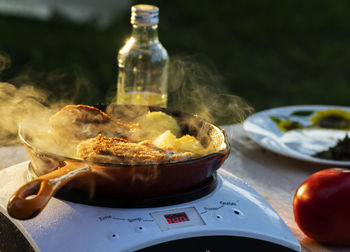 Close-up of food served on table