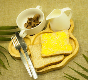 High angle view of breakfast served on table