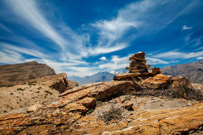 Stone cairn in spiti valley in himalayas