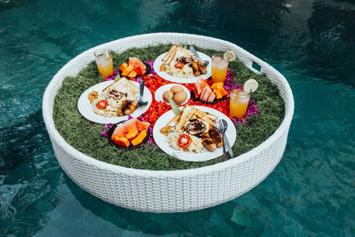 High angle view of breakfast on table