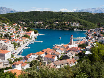 Harbour of pusisca on the island of brac, croatia, with ship and blue water