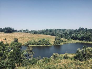 Scenic view of lake against clear sky