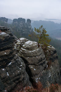 Rock formations in mountains against sky