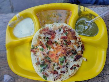 High angle view of breakfast on table