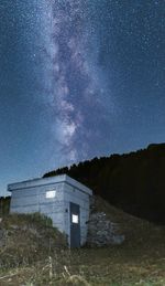 Built structure on field against sky at night