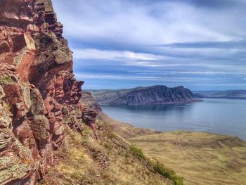 Scenic view of bay against sky