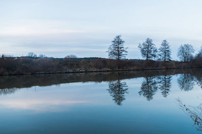 Reflection of trees in lake against sky