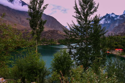 Scenic view of lake by trees against sky