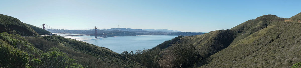 Panoramic view of bay against clear sky