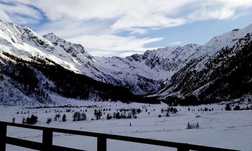 Scenic view of snow covered mountains against sky